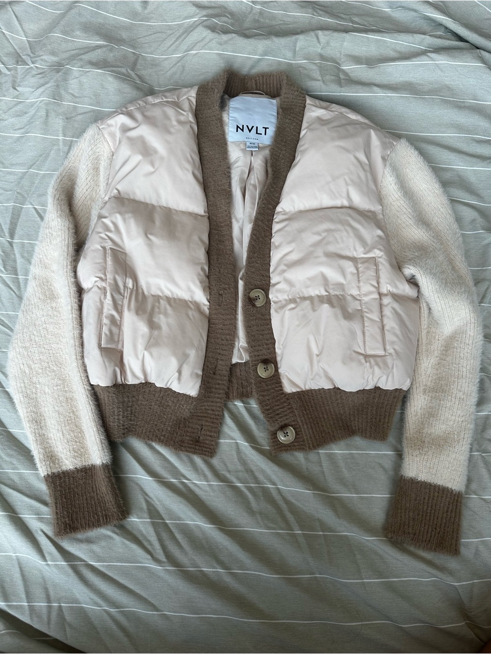 NVLT Two-Tone Puffer Knit Bomber Jacket in Cream and Brown